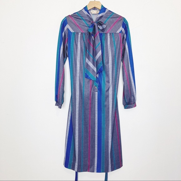 Vintage secretary dress pussybow grey teal pink midi 70s retro office striped - Picture 4 of 12